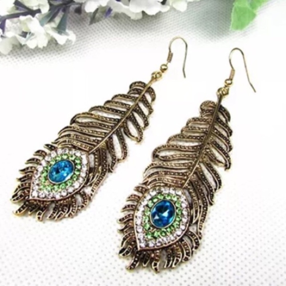 🆕 Gold Antique Style Boho Peacock Feather Earrings